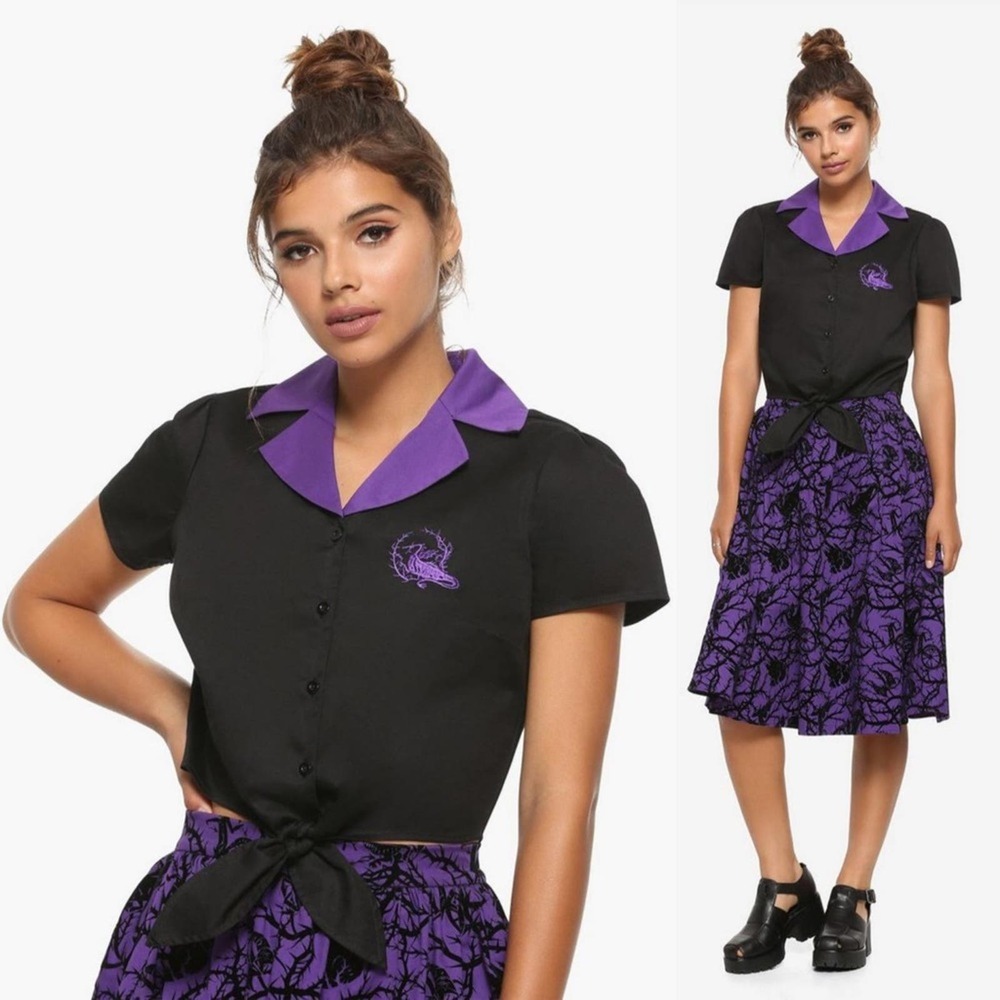 Disney Hot Topic Sleeping Beauty Maleficent Embroidered Crop Button-Up $29.90